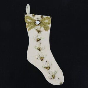 Handmade Cream Felt Metallic Gold Glass Bead Leaves Christmas Stocking Vintage